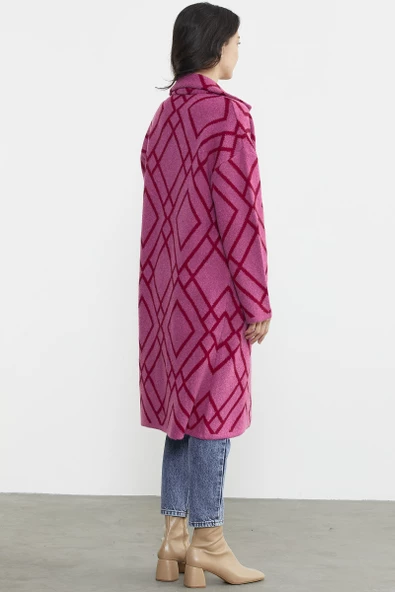 Desenli Uzun Triko Ceket - Fuşya - 7
