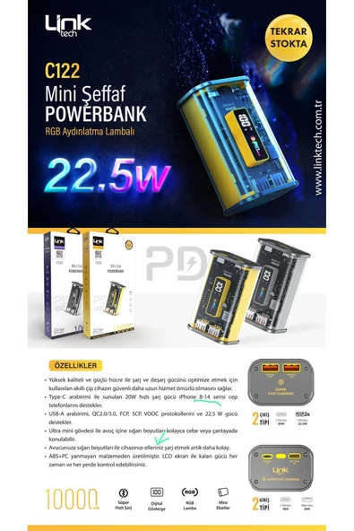 LinkTech  C122 Strong 10000 Mah Pd 22.5w Powerbank Şeffaf Transparan Model Şık Tasarım!