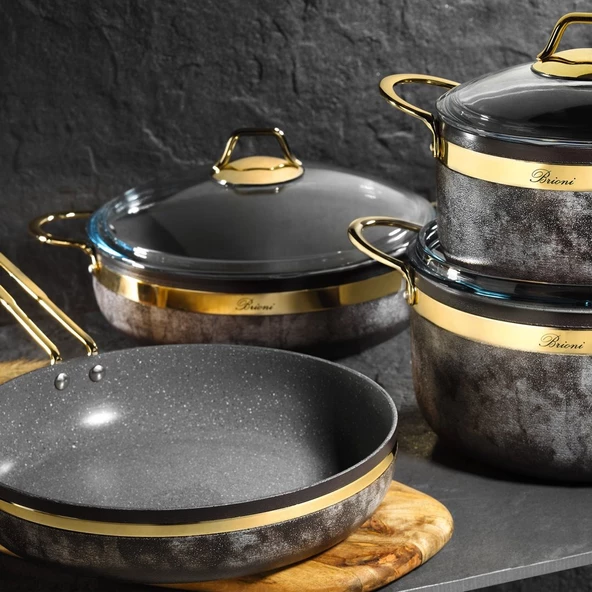 Brioni Royal Stone 7 Parça Tencere Seti - Kumtaşı/Altın - 2