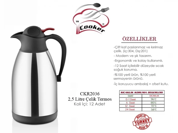 Cooker CKR2036 2.5 Litre Çift Katlı Paslanmaz Çelik Termos - 5