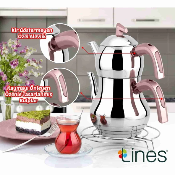 Lines Şahmeran Mini Boy Soft Kulp Çelik Çaydanlık - Rose - 3