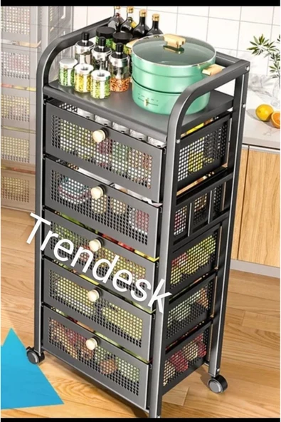 TRENDESK 5 Katlı Metal Luxx Siyah Çekmeceli Tekerlekli Patates Soğan Sepeti Sebze Meyve Sepeti Sebzelik - 2