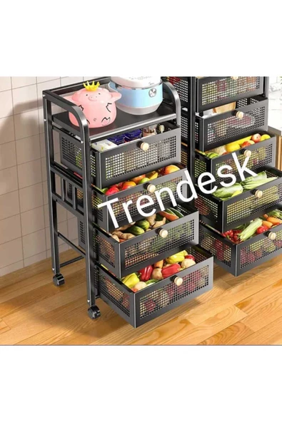TRENDESK 4 Katlı Metal Siyah Çekmeceli Tekerlekli Patates Soğan Sepeti Sebze Meyve Sepeti Sebzelik - 3