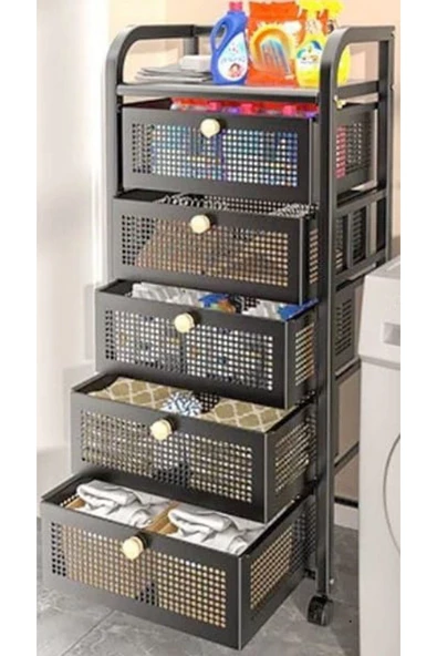 TRENDESK 5 katlı siyah çekmeceli tekerlekli banyo organizer banyo düzenleyici - 2