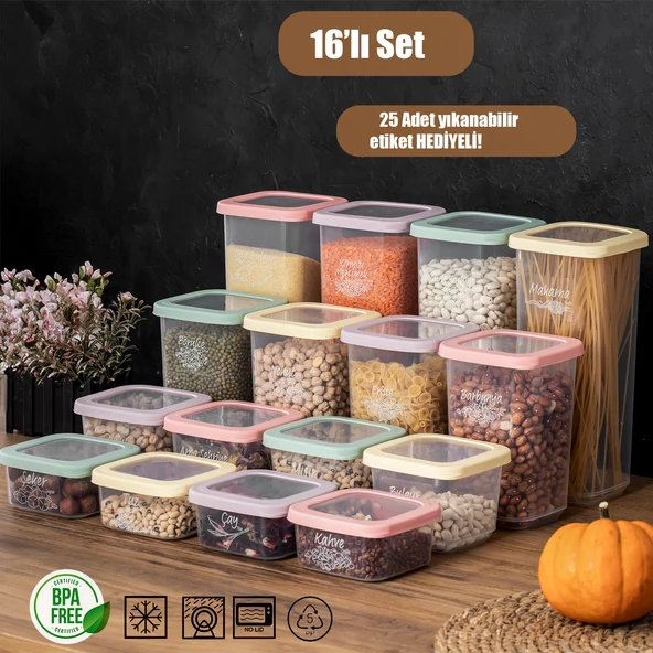 Porsima 1034 16 Lı Renkli Kapaklı Plastik Gıda Erzak Saklama Kabı Seti - Şeffaf 4x(360-500-1100-1700) cc