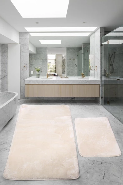 Relax Krem 80x150 + 50x80 cm Büyük Ebat 2li Banyo Halısı Paspası Seti Kaymaz Klozet Takımı