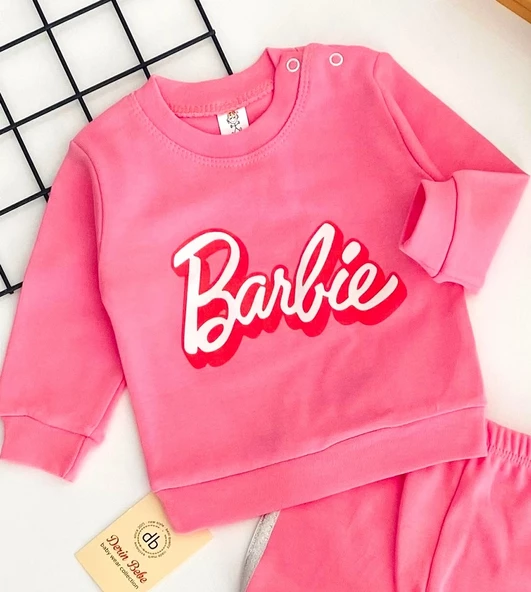 Neşeli Bebekler Barbie Baskılı Desen Parlak Gri Çizgili İki İplik Penye Kumaş Takım Pembe - 2