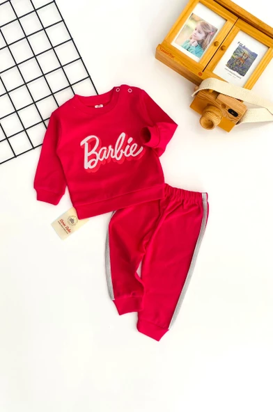 Neşeli Bebekler Barbie Baskılı Desen Parlak Gri Çizgili İki İplik Penye Kumaş Takım Fuşya