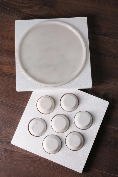 Mermer El Yapımı Çerez Kasesi Ve Sunum Tepsisi Seti Doğaltaş Sunumluk 8 Parça - 3