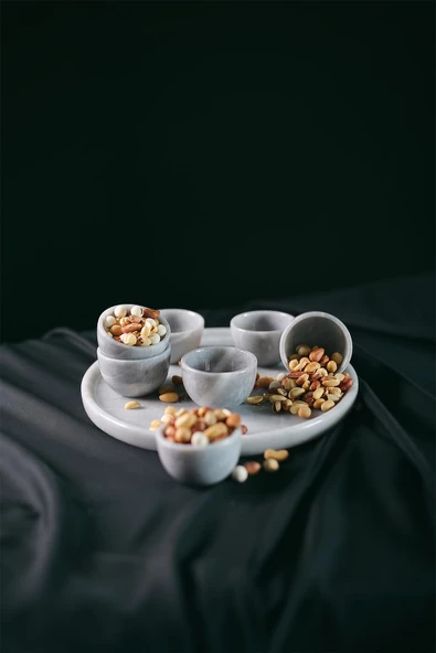 Mermer El Yapımı Çerez Kasesi Ve Sunum Tepsisi Seti Doğaltaş Sunumluk 8 Parça - 5