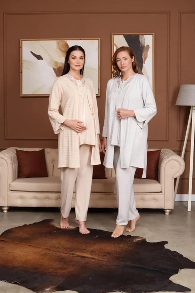 BirolGaye Bone Club 5711 Bej Hamile Lohusa 3 Lü Pijama Sabahlık Tk