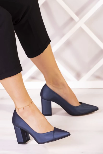 Erkan Saçmacı Belinda Plus Lacivert Saten Jatqılı Kalın Topuklu Abiye Ayakkabı - 2