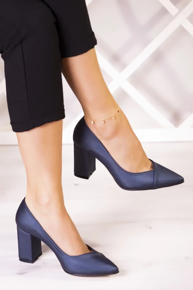 Erkan Saçmacı Belinda Plus Lacivert Saten Jatqılı Kalın Topuklu Abiye Ayakkabı