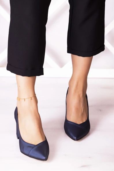 Erkan Saçmacı Belinda Plus Lacivert Saten Jatqılı Kalın Topuklu Abiye Ayakkabı - 3
