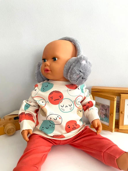 Neşeli Bebekler Kedi Desen 2-8 Yaş Arası Isıtıcı Boy Ayarlanabilir Kulaklık Gri - 3