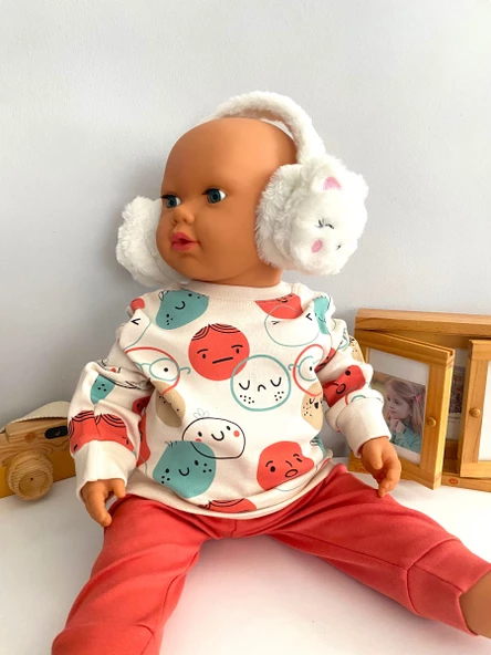 Neşeli Bebekler Kedi Desen 2-8 Yaş Arası Isıtıcı Boy Ayarlanabilir Kulaklık Beyaz - 2