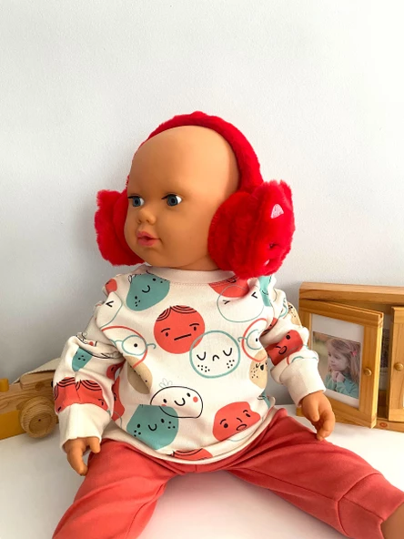 Neşeli Bebekler Kedi Desen 2-8 Yaş Arası Isıtıcı Boy Ayarlanabilir Kulaklık Kırmızı - 3