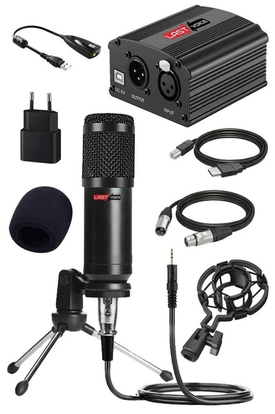 Lastvoice BM800 Full Black Mikrofon + Phantom Power + Mini Tripod + 7.1