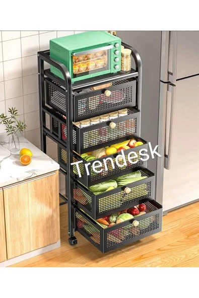 TRENDESK 5 Katlı Metal Siyah Çekmeceli Sebze Meyve Sepeti Mutfak Organizer Düzenleyici