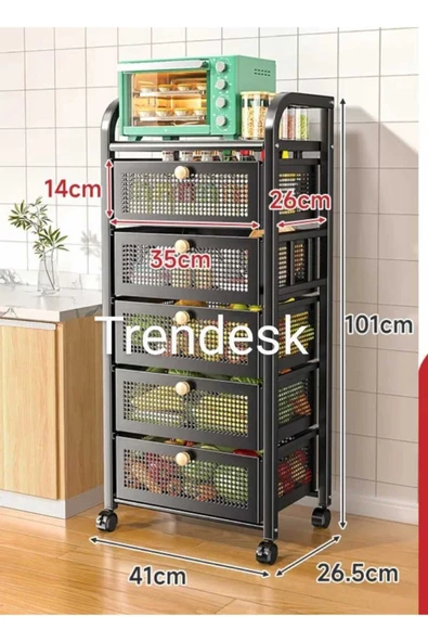 TRENDESK 5 Katlı Metal Siyah Çekmeceli Sebze Meyve Sepeti Mutfak Organizer Düzenleyici - 3