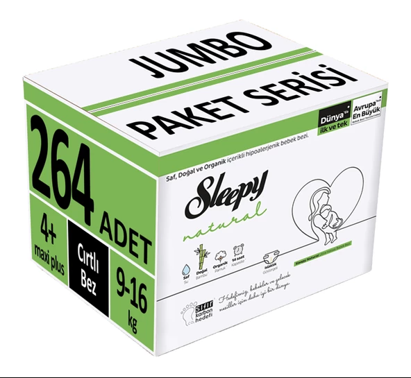 Sleepy Bebek Bezi Natural Beden:4+ (9-16Kg) Maxi Plus 264 Adet Ekstra Fırsat Pk (6PK*44)