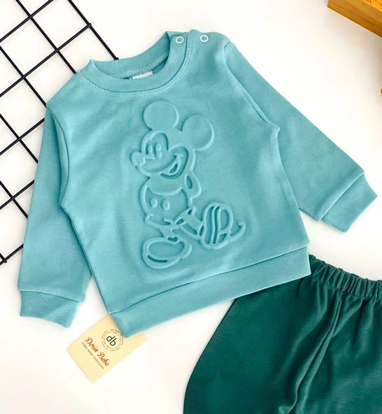 Neşeli Bebekler Mickey Kabartma Desen İki İplik Penye Kumaş Takım Yeşil - Resim 2
