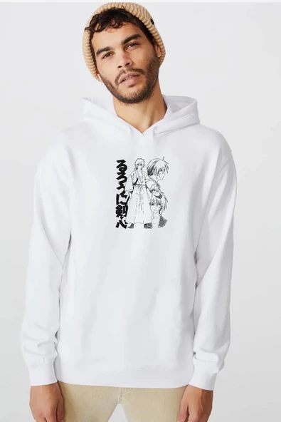Rurouni Kenshin Black White Art Beyaz Erkek 3ip Kapşonlu  Sweatshirt