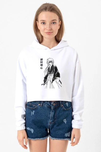 Rurouni Kenshin Poster Japan Beyaz Optik Kadın Crop Kapşonlu