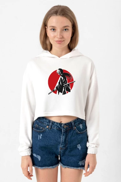 Rurouni Kenshin Samurai Logo Ekru Kadın Crop Kapşonlu