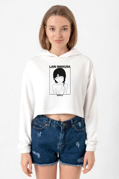 Serial Experiments Anime Lain Poster Ekru Kadın Crop Kapşonlu