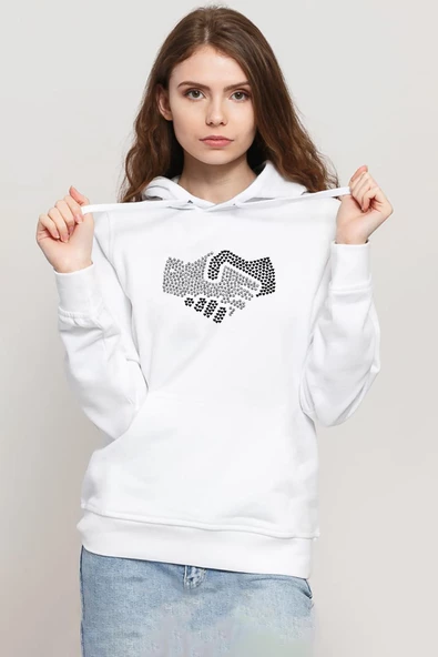 Shake Hands Icon Beyaz Kadın 3ip Kapşonlu Sweatshirt