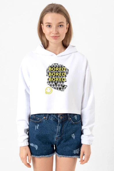 Sherlock Bored Beyaz Optik Kadın Crop Kapşonlu