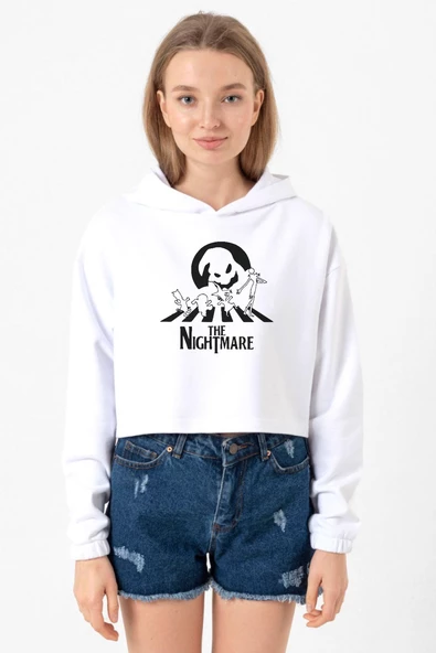 The Nightmare Oogie Boogie Beyaz Optik Kadın Crop Kapşonlu