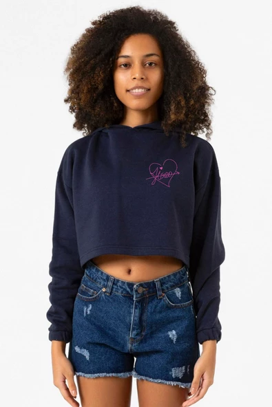 Blackpink Jisoo Signature Lacivert Kadın Crop Kapşonlu