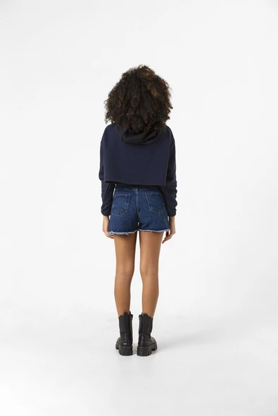 Blackpink Jisoo Signature Lacivert Kadın Crop Kapşonlu - 2