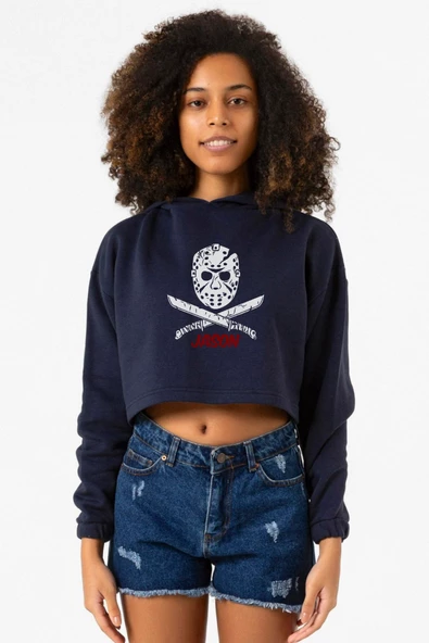 Friday The 13th Jason Mask Lacivert Kadın Crop Kapşonlu