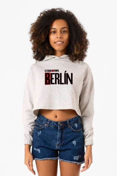 La Casa De Papel Berlin Beyaz Kırçıllı Kadın Crop Kapşonlu