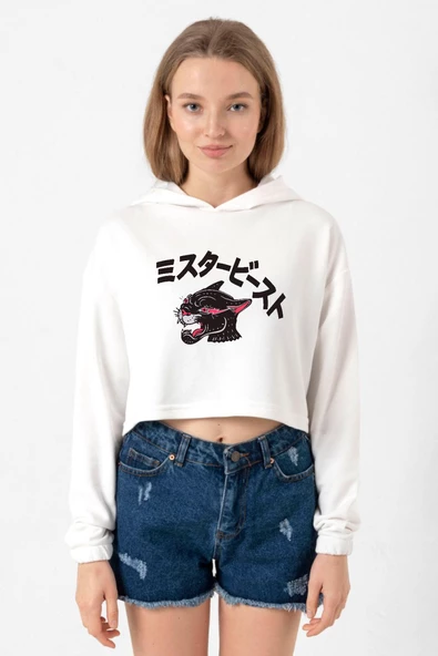 Mr Beast Kanji Ekru Kadın Crop Kapşonlu ürün görseli