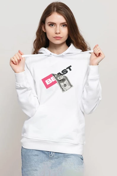 Mr Beast Dollar Bill Beyaz Kadın 3ip Kapşonlu Sweatshirt ürün görseli 1