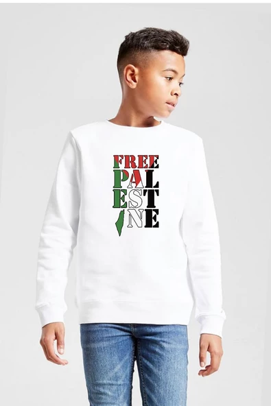 Free Palestine Beyaz Çocuk 2ip Sweatshirt
