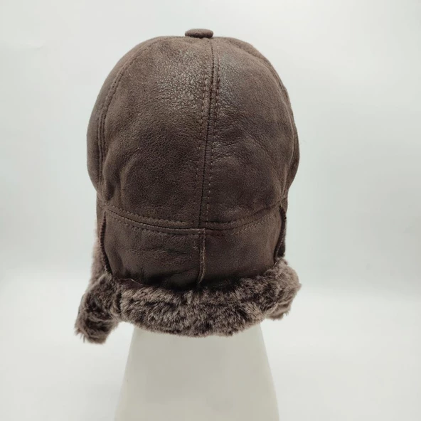 Pilot Model İçi Kürklü Deri Şapka Koyu Kahve Renk - 4