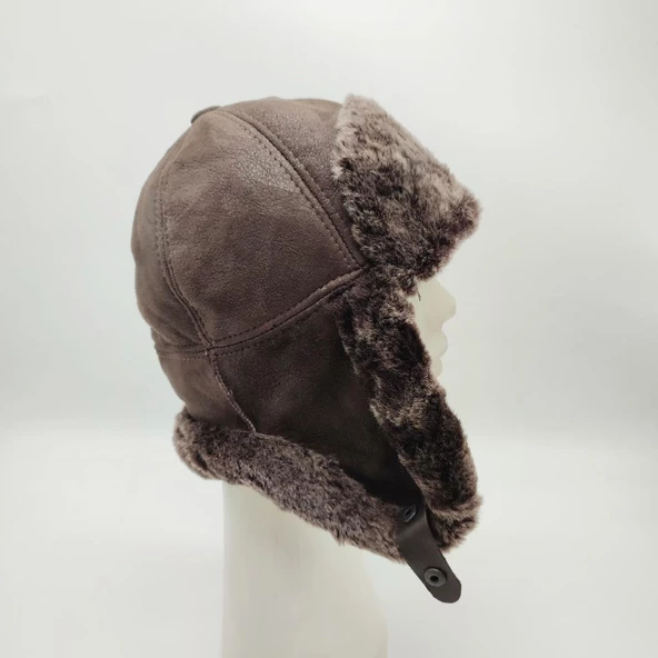 Pilot Model İçi Kürklü Deri Şapka Koyu Kahve Renk - 3