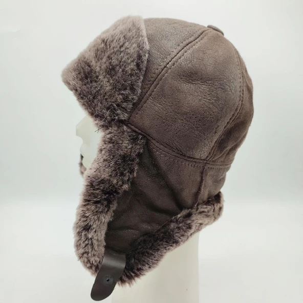 Pilot Model İçi Kürklü Deri Şapka Koyu Kahve Renk - 5
