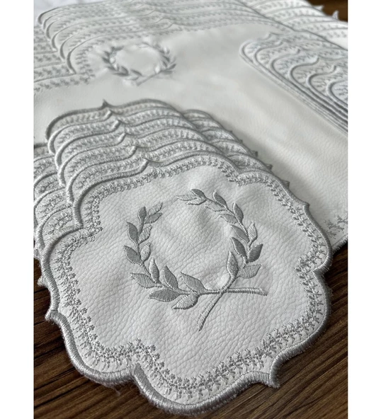 Başak Krem Gümüş Amerikan Servis  6 Kişilik 19 Parça Runner Seti Deri Yemek Sunum Takımı - 2