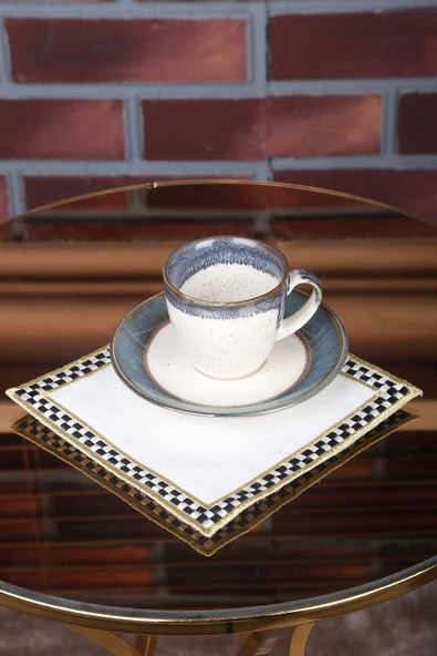 Damalı 6lı Linen Keten Kahve Yanı Kokteyl Sunum Parti Peçetesi Nakış Işlemeli Sunumluk - 2