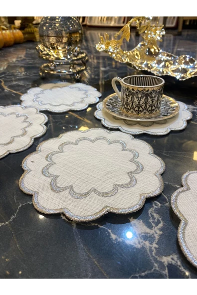 Galaxy Gümüş 6lı Linen Keten Kahve Yanı Kokteyl Sunum Parti Peçetesi Nakış Işlemeli Sunumluk