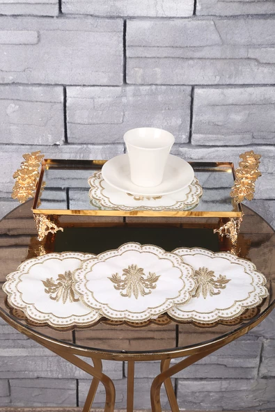 Glory Gold 6lı Linen Keten Kahve Yanı Kokteyl Sunum Parti Peçetesi Nakış Işlemeli Sunumluk - 3