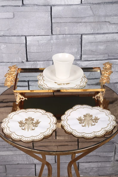 Glory Gold 6lı Linen Keten Kahve Yanı Kokteyl Sunum Parti Peçetesi Nakış Işlemeli Sunumluk - 2