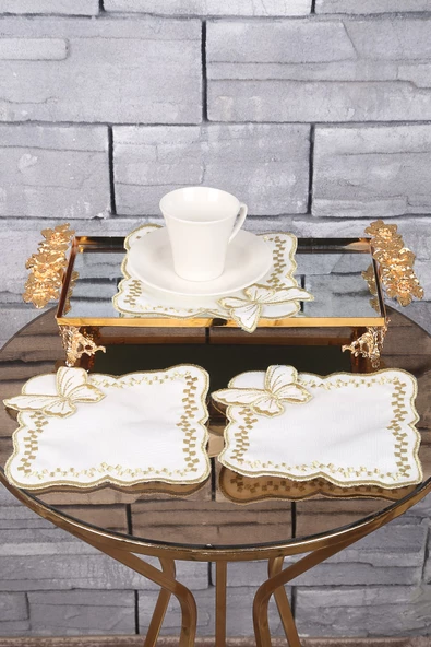 Kelebek Gold 6lı Linen Keten Kahve Yanı Kokteyl Sunum Parti Peçetesi Nakış Işlemeli Sunumluk - 2