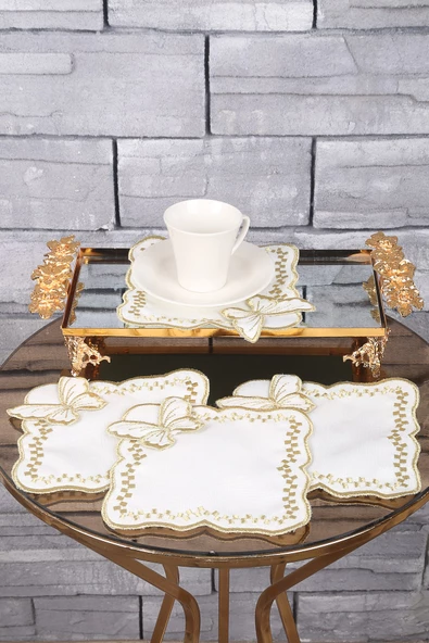 Kelebek Gold 6lı Linen Keten Kahve Yanı Kokteyl Sunum Parti Peçetesi Nakış Işlemeli Sunumluk - 3